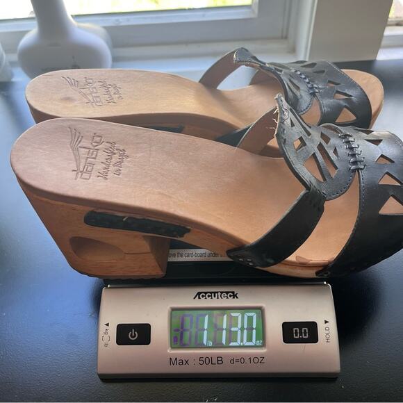 Dansko Oralee Wooden Heel Platform Sandal Womens 11 Black Leather Slide Open Toe - Picture 10 of 12